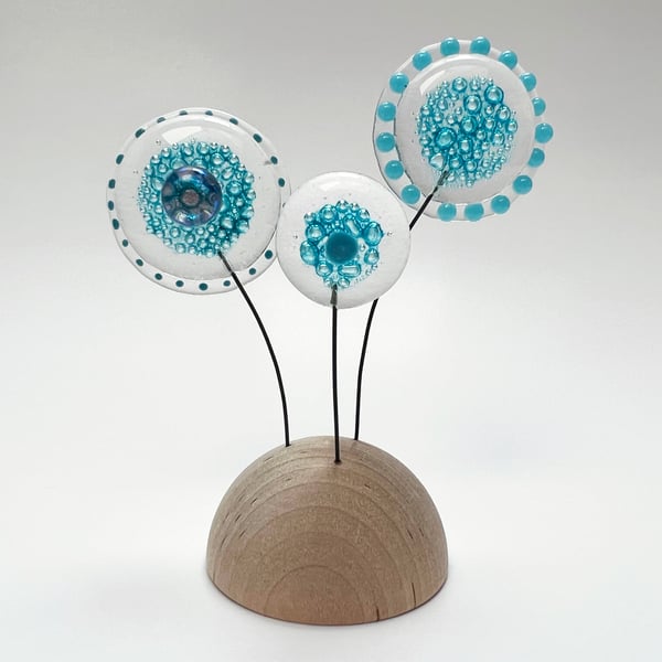 Fused Glass Moon Flowers (Turquoise 1) - Handmade Fused Glass Sculpture