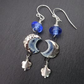 sterling silver earrings, blue lampwork glass and ceramic moon jewellery