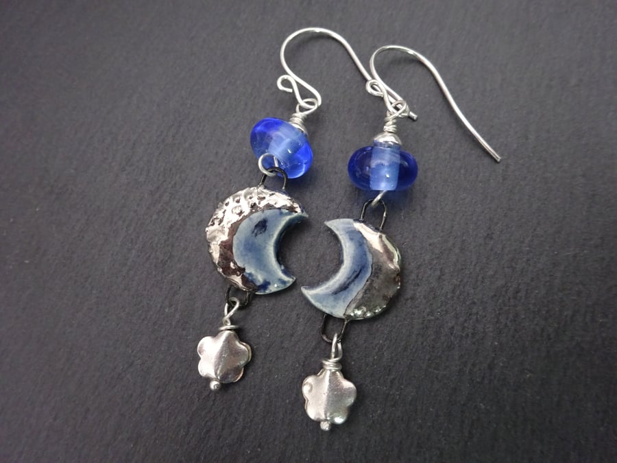 sterling silver earrings, blue lampwork glass and ceramic moon jewellery
