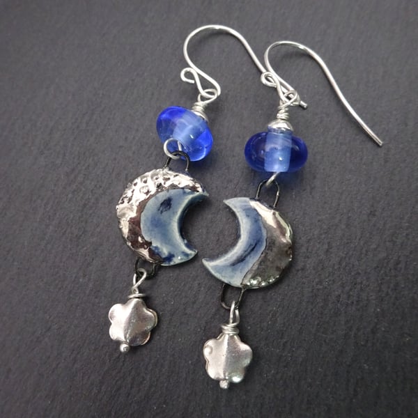 sterling silver earrings, blue lampwork glass and ceramic moon jewellery