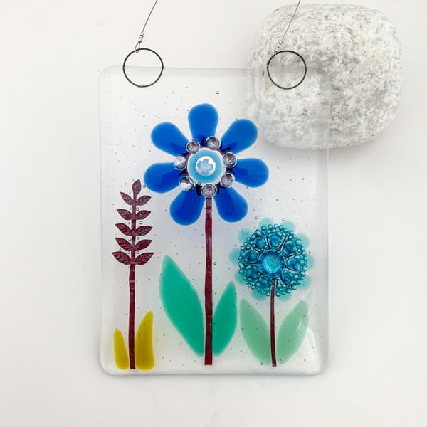 Fused Glass Blue Flowers Hanging - Handmade Glass Suncatcher