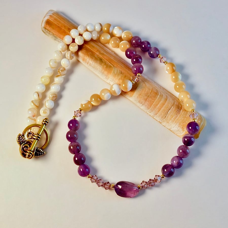 Amethyst Necklace With Mother Of Pearl, Shell And Swarovski Crystals 