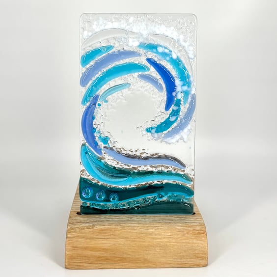 Fused Glass Wave in a Handcrafted Oak Tea Light Holder