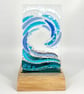 Fused Glass Wave in a Handcrafted Oak Tea Light Holder