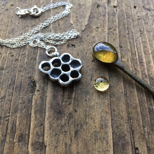 Sterling Silver Honeycomb Necklace, Honey Bee Necklace
