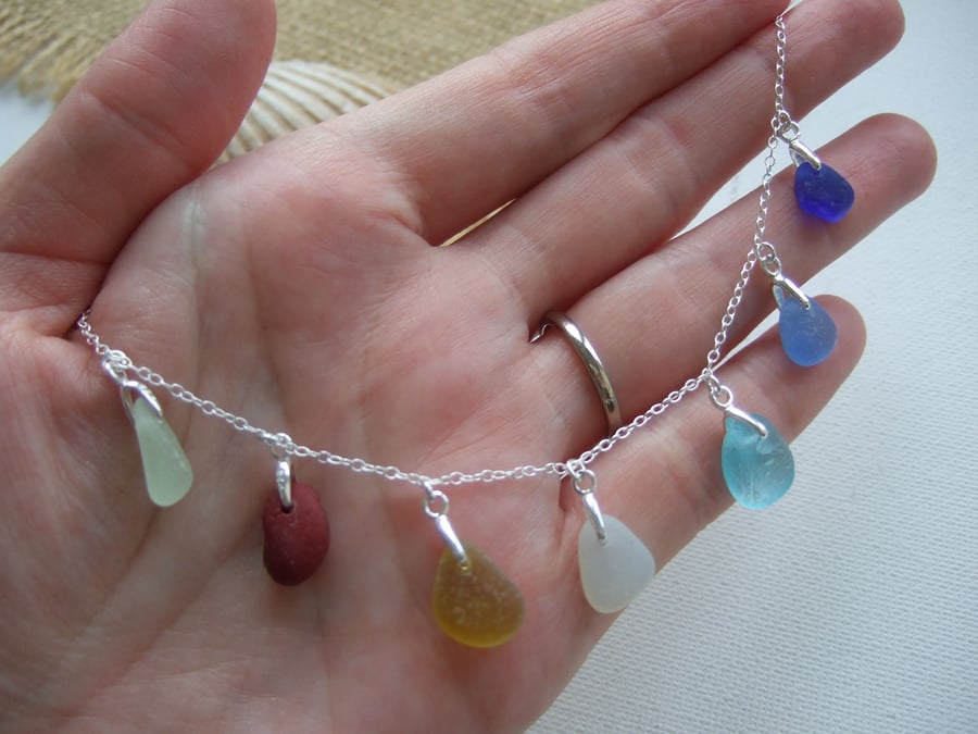 Sea Glass Rainbow Necklace 18" Sterling Silver, Beach Found Glass Multi Pendants