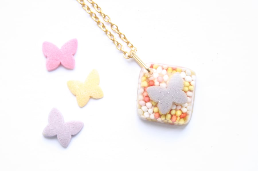 Resin necklace, butterfly necklace, sweetie necklace, girls necklace