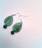 Green Flower Pattern Glass Rectangle on a Leaf & Round Bead Necklace & Earrings  - Image 8