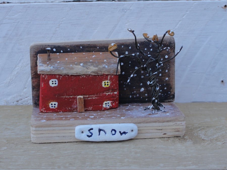 Little house in the snow - wooden ornament