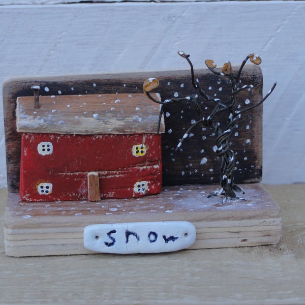 Little house in the snow - wooden ornament