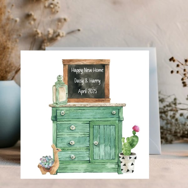  New Home Card Personalised with names and dates - Plants & Chalk Board