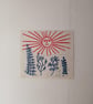 Harvest, folk art linocut print of a sun and weadow in red and blue