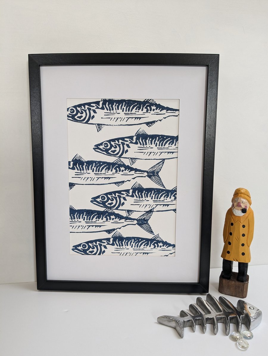 Handmade Linocut Print 'Mackerel Shoal' Home Decor Original Print
