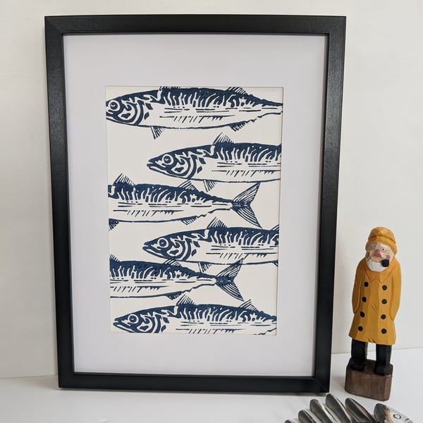 Handmade Linocut Print 'Mackerel Shoal' Home Decor Original Print