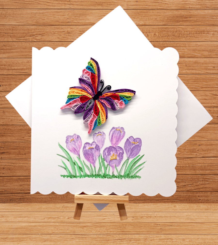 Stunning quilled butterfly with hand painted crocuses open card