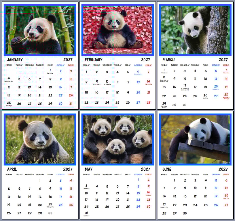 2027 Calendar Panda A4 Page Per Month 