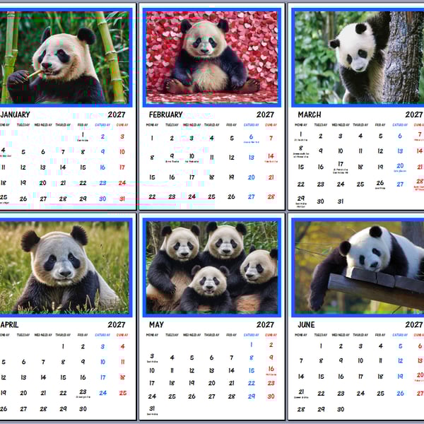 2027 Calendar Panda A4 Page Per Month 