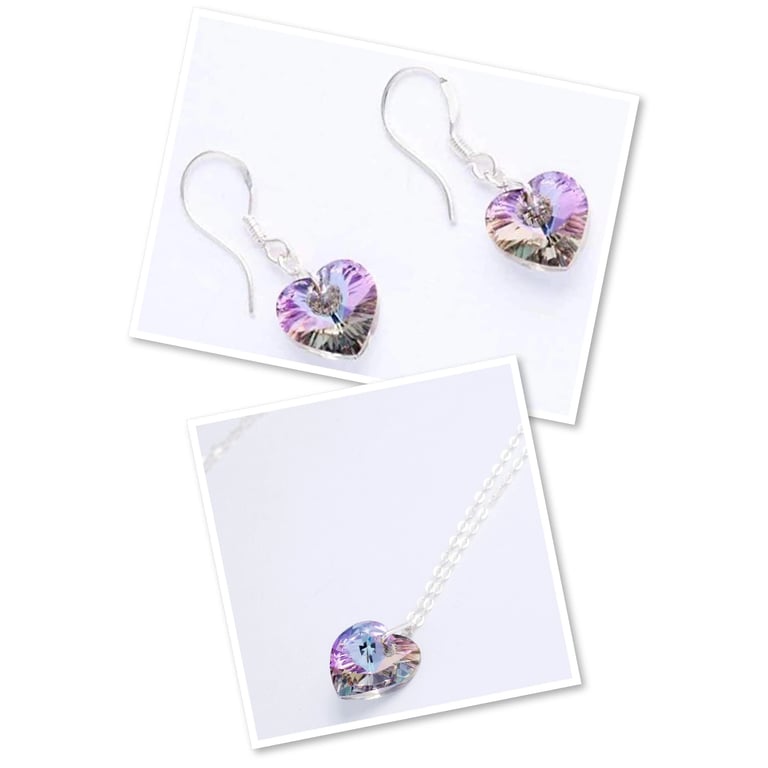 Lilac AB Swarovski Crystal Heart Pendant and Earrings Set