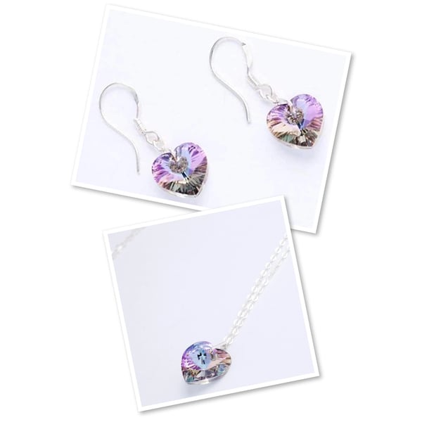 Lilac AB Swarovski Crystal Heart Pendant and Earrings Set