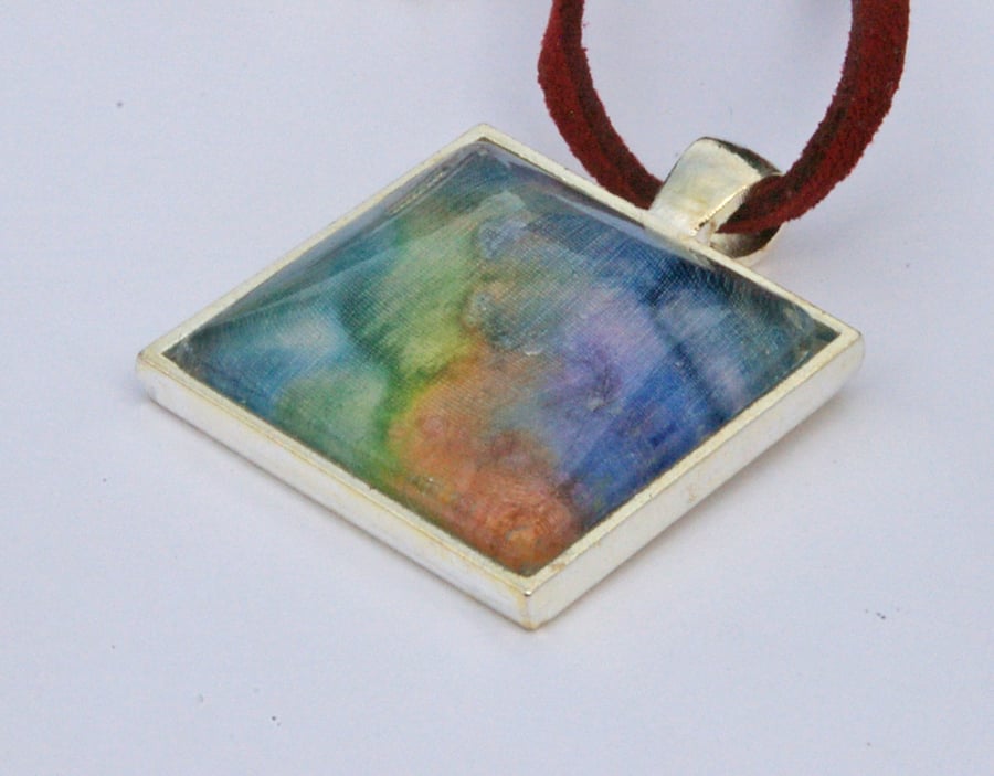 Square Handpainted Silk and Glass Pendant