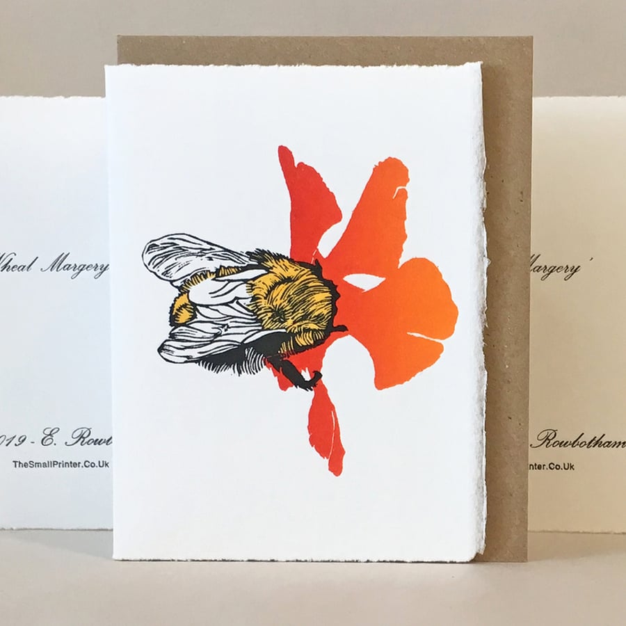 'Wheal Margery Bee' - Red Flower - Original Print Lino Cut Card