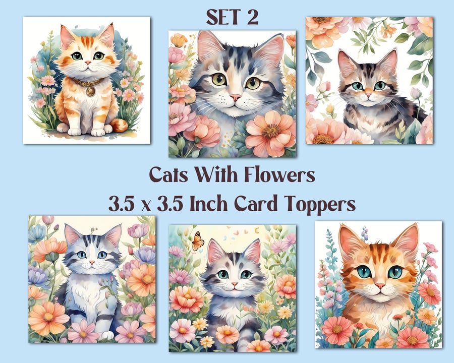 Cats with Flowers Square Card Toppers for Card Making, Journals, Tags, Scrapnook