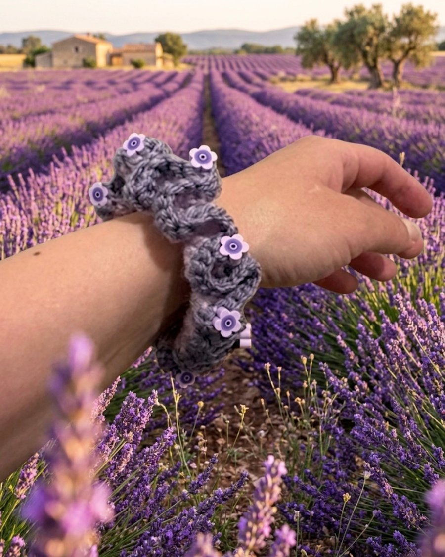 Handmade Lavender Crochet Scrunchie with Purple Flower Beads, Lilac Hair Tie