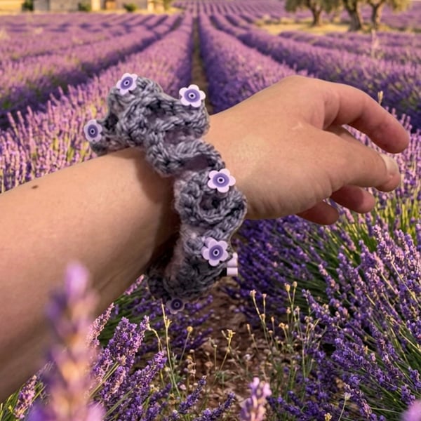 Handmade Lavender Crochet Scrunchie with Purple Flower Beads, Lilac Hair Tie