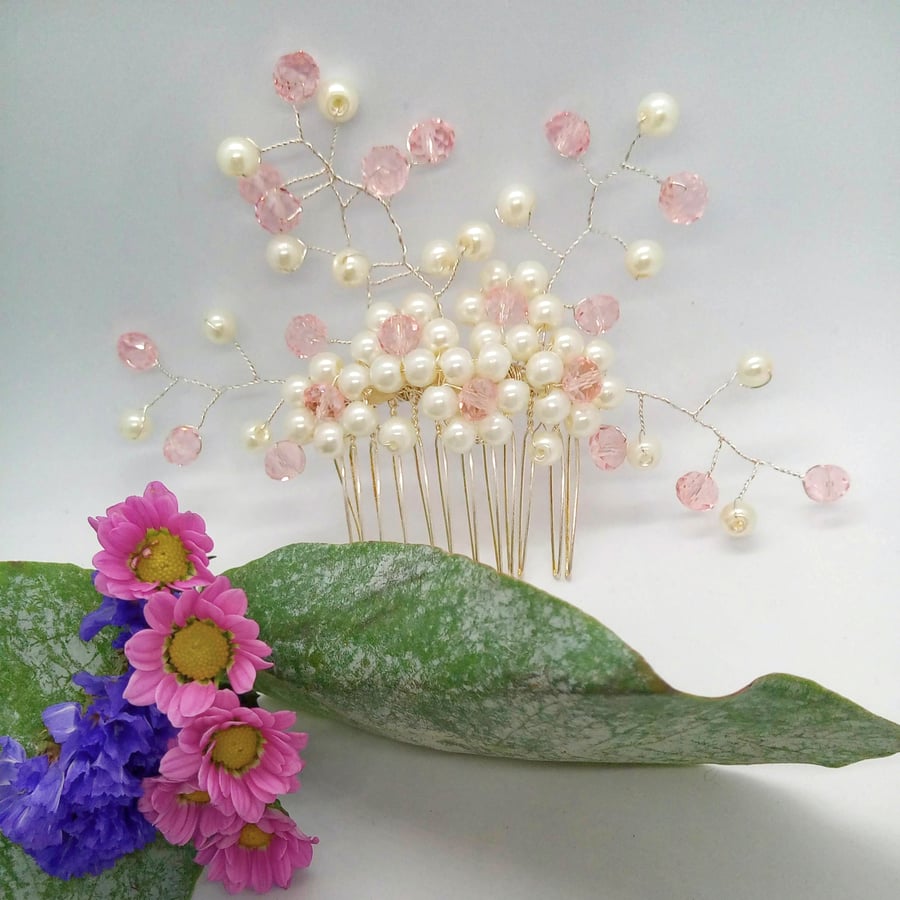 Cream Pearl & Pink Crystal Floral Daisy Beaded Hair Comb, Prom Night Hair Comb
