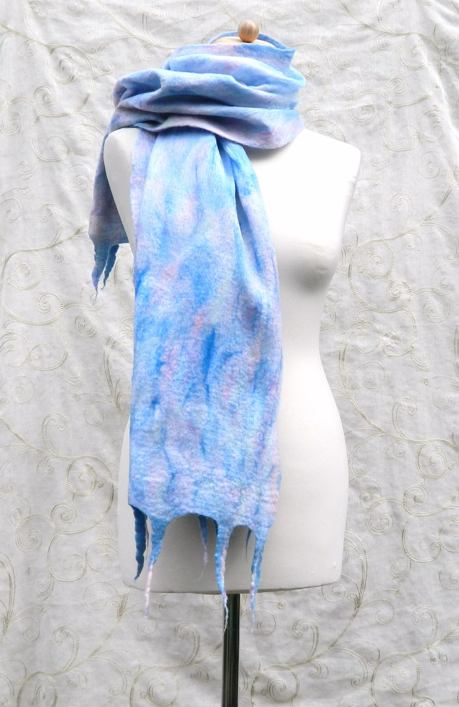 Pastel Pink Sky Blue Scarf Shawl Wrap Silk and Wool Felted Nuno Nature Handmade 
