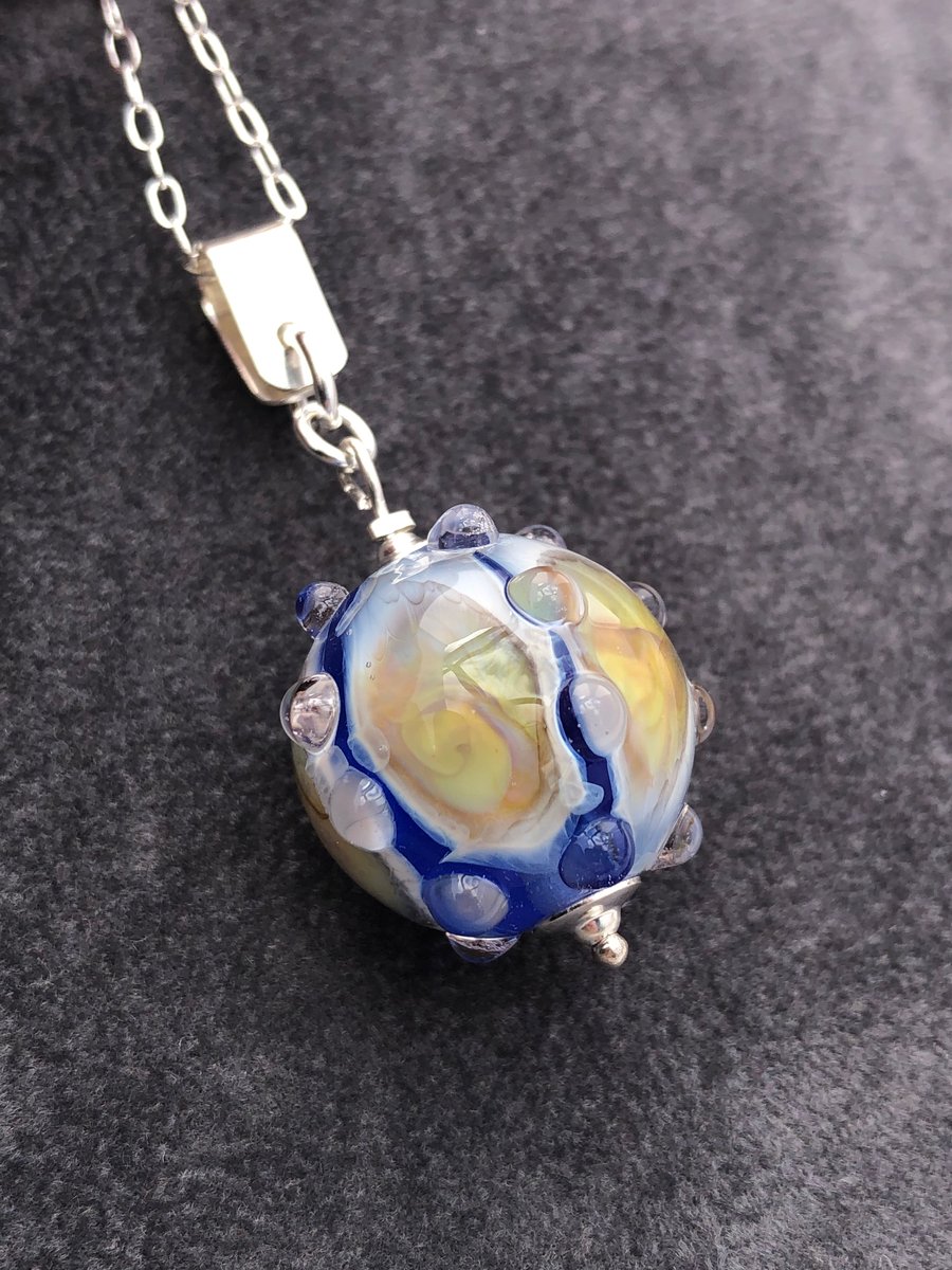 turquoise blue browns yellows pinks lampwork glass beaded pendant necklace