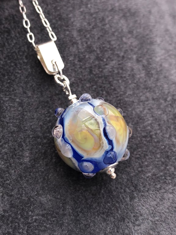 turquoise blue browns yellows pinks lampwork glass beaded pendant necklace