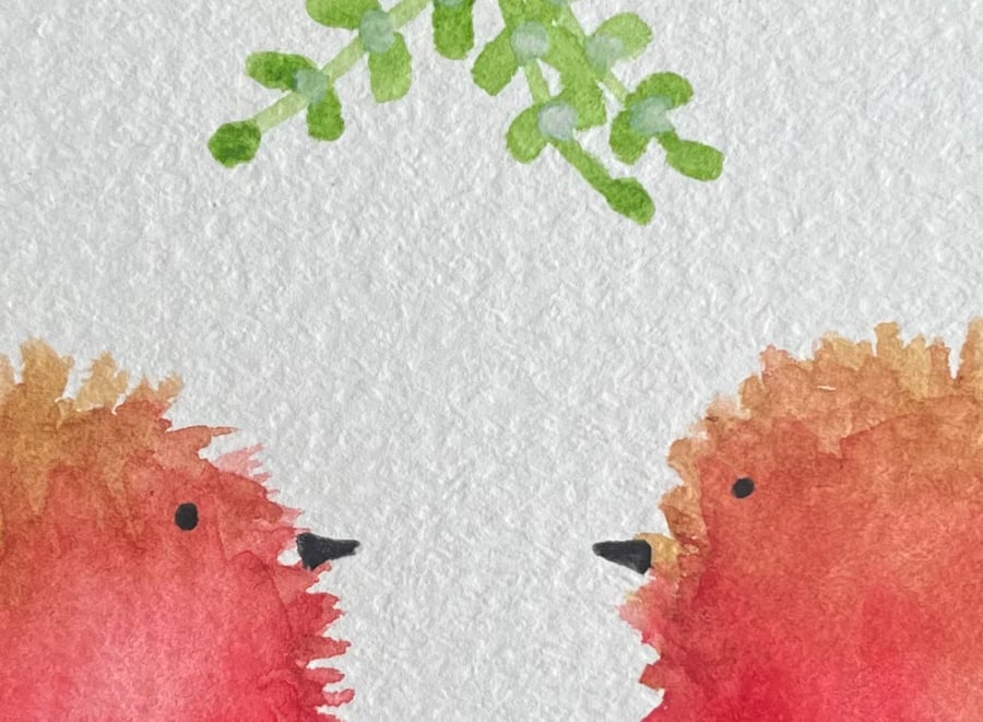 Original Hand-Painted Robins Under the Mistletoe Christmas Card