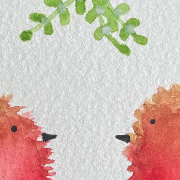Original Hand-Painted Robins Under the Mistletoe Christmas Card