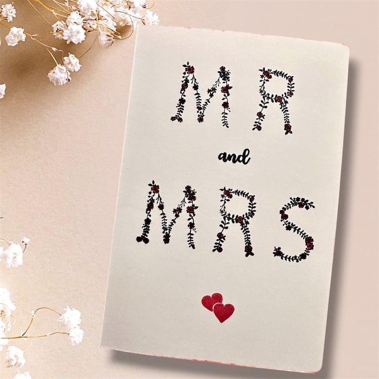 Mr & Mrs Wedding Congratulations Card, Floral Text, hearts for a happy couple 