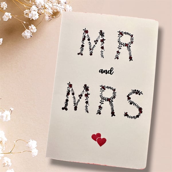 Mr & Mrs Wedding Congratulations Card, Floral Text, hearts for a happy couple 