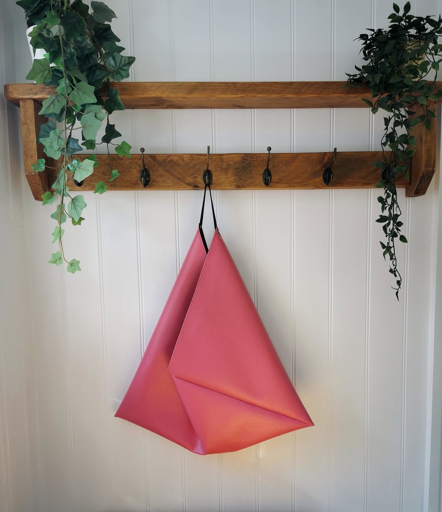 Rose Pink Vegan Leather Origami Bag with Faux Suede Straps and Charm