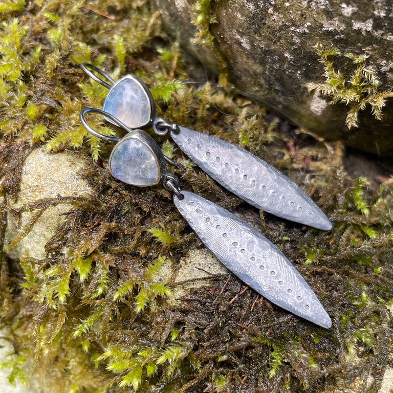 Oxidised silver and moonstone long earrings 