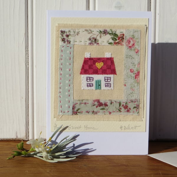 Little house hand-stitched card titled 'Home Sweet Home' 