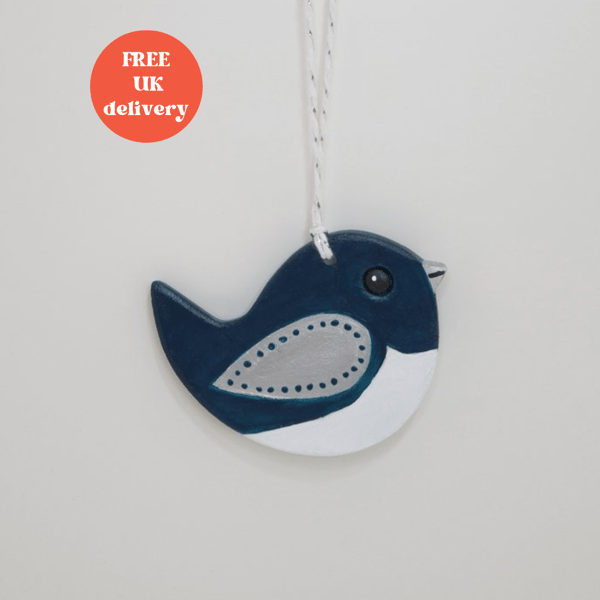 Clay bird hanging decoration, home decor gift, dark turquoise and silver