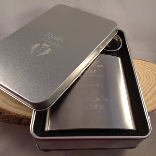 Personalised Engraved Large 8oz Hip Flask In Presentation Tin