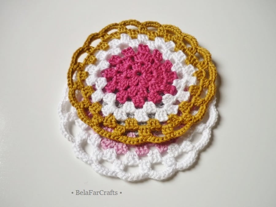 Granny circle mandalas (2) - Cotton crochet coasters - Home decor