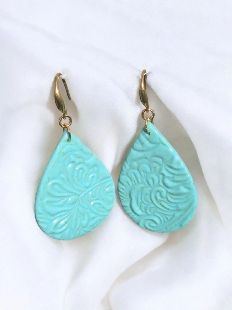 Large Turquoise Teardrop Handmade polymer clay Earrings with gold hooks 