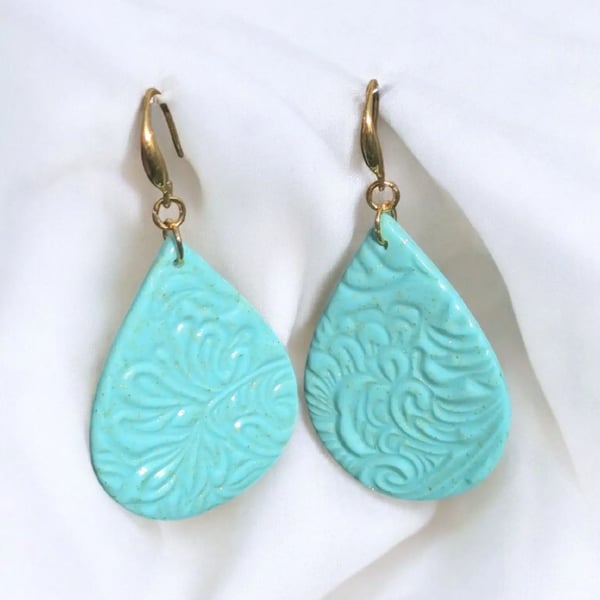 Large Turquoise Teardrop Handmade polymer clay Earrings with gold hooks 