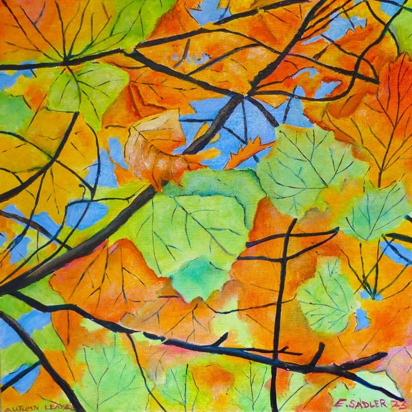 Framed  Oil Painting of Autumn Leaves Square Art 