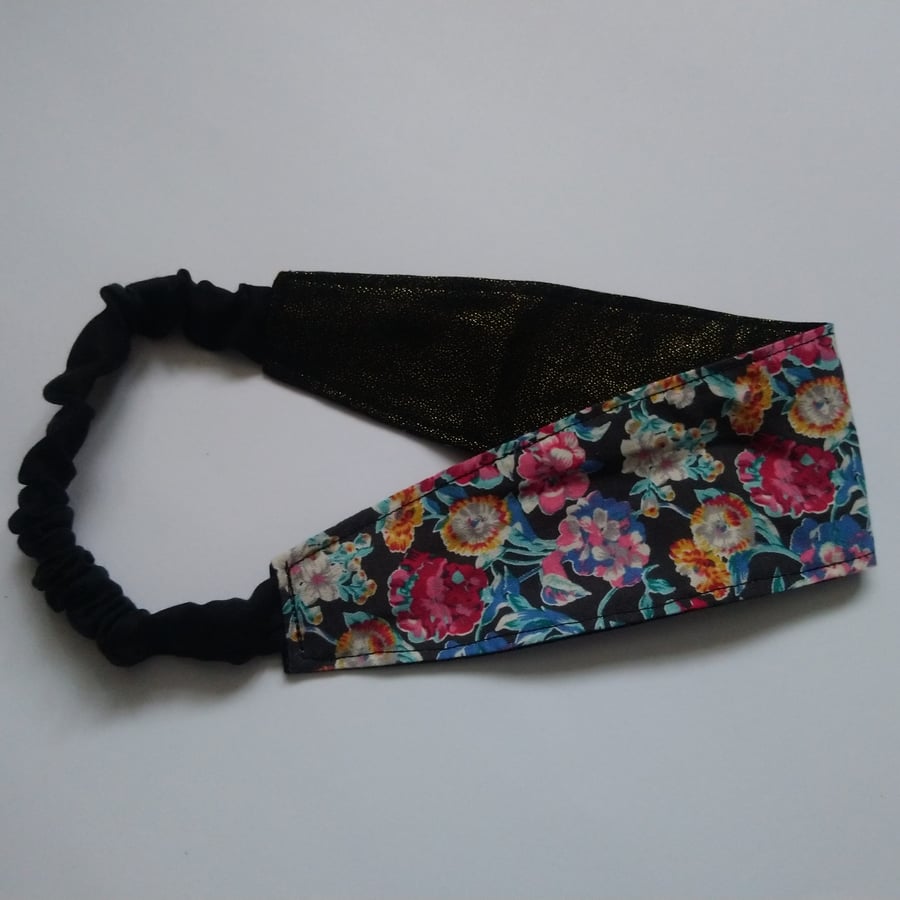 Black Glitter and Floral Reversible Headband