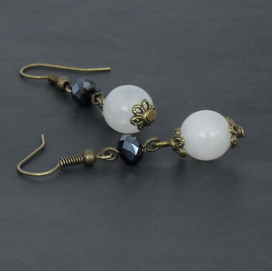 SALE: White jade & jet crystal bronze earrings