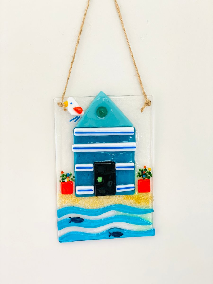  Glass Beach hut - fused glass hanging art