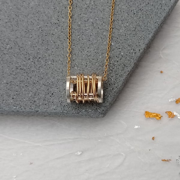 Recycled sterling silver wire & fill gold wire barrel pendant – unique necklace