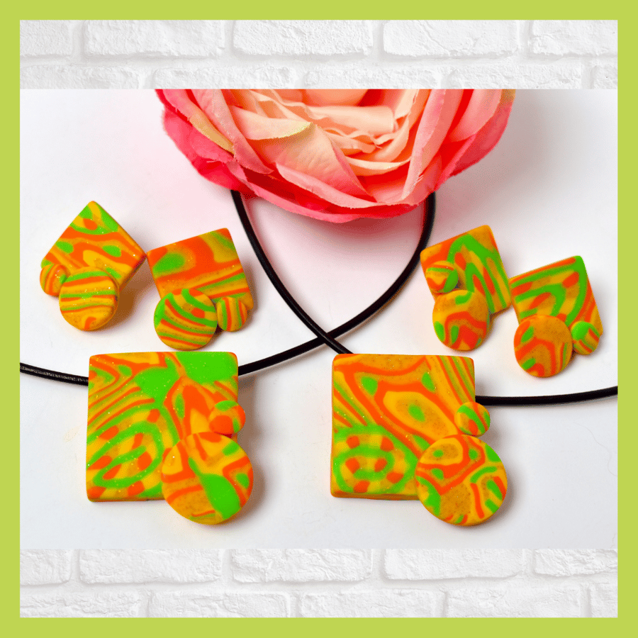 Jonquil Yellow, Orange, Green & Gold Square Polymer Clay Pendant & Earring Set